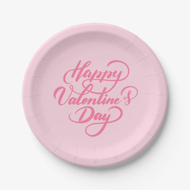 Assiettes En Carton Élégant Heureuse Sainte-Valentin rose doux (Devant)