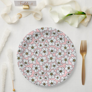 Assiettes En Carton Élégant imprimé floral blanc sur rose