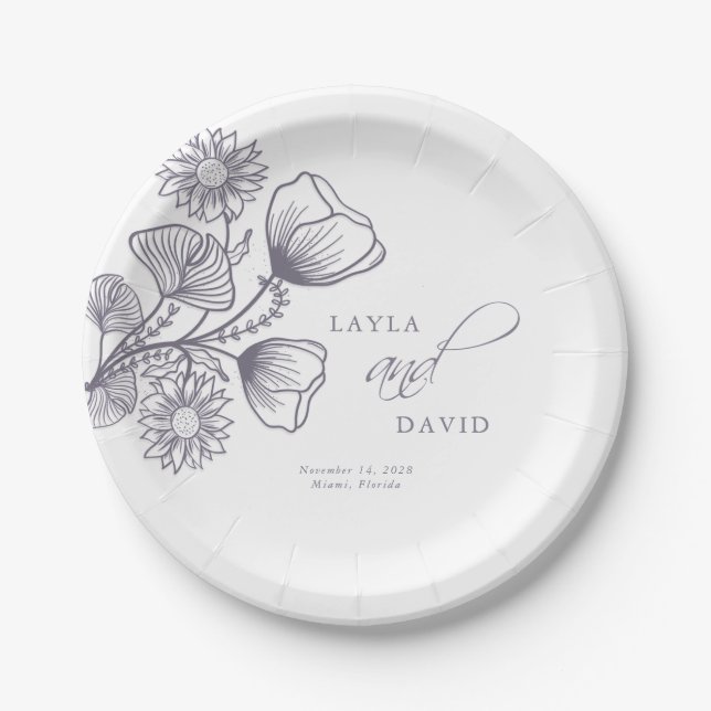 Assiettes En Carton Élégant Lavender Floral Outline Mariage (Devant)