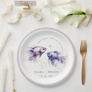 Assiettes En Carton Elégant Lilac Aquarelle Mariage de poisson côtier