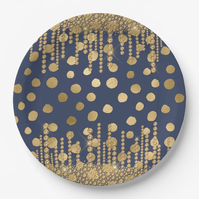 Assiettes En Carton Elégant Luxe Blue Gold Rhinestones Bijoux Bling (Devant)