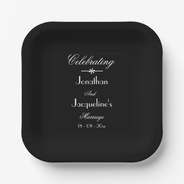 Assiettes En Carton Elégant Luxe Classique Chic Noir & Blanc Mariage (Recto)