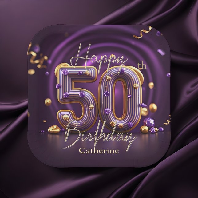 Assiettes En Carton Elégant luxueux violet et or 50e anniversaire (Créateur téléchargé)