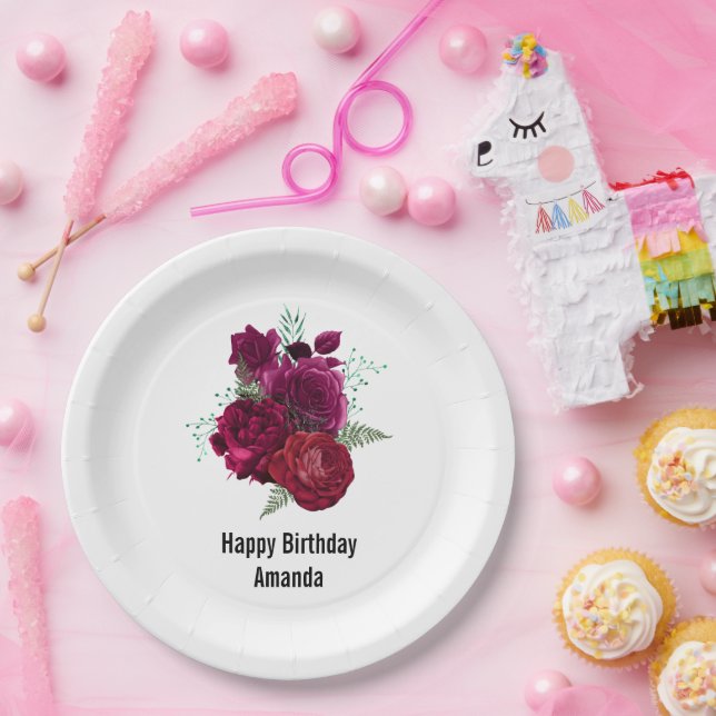 Assiettes En Carton Elégant Magenta Rose Bouquet floral Anniversaire (Fête)