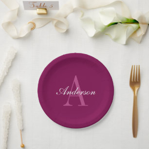 Assiettes En Carton Élégant Magenta Rouge, rose & blanc Nom & Monogram