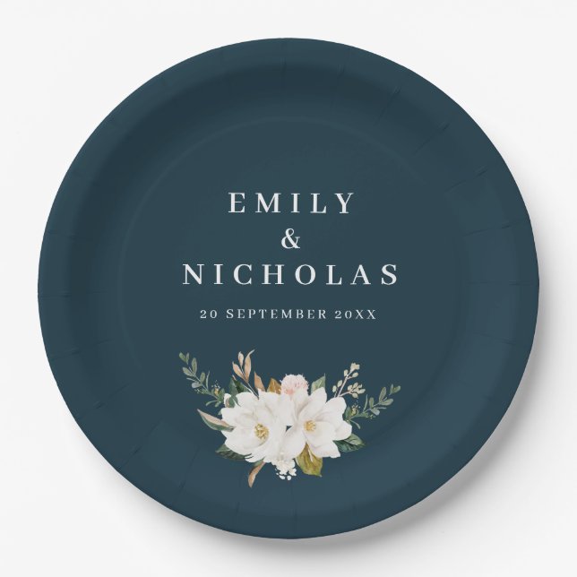 Assiettes En Carton élégant magnolia floral marine bleu mariage (Devant)