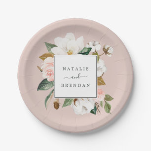 Assiettes En Carton Élégant Magnolia Mariage blanc et blanc