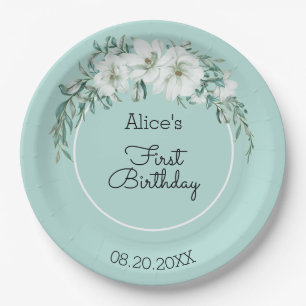 Assiettes En Carton Elégant Magnolia White Pastel Vert 1er anniversair
