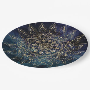 Assiettes En Carton Elégant Mandala Gold Blue Galaxy