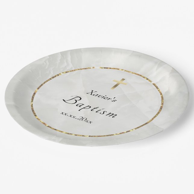 Assiettes En Carton élégant marbre blanc pierre Baptême (Angle)