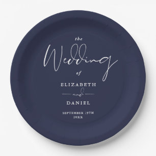 Assiettes En Carton Élégant Mariage bleu marine moderne Script