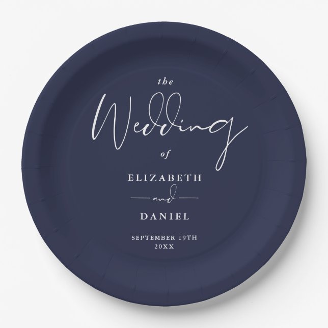 Assiettes En Carton Élégant Mariage bleu marine moderne Script (Devant)