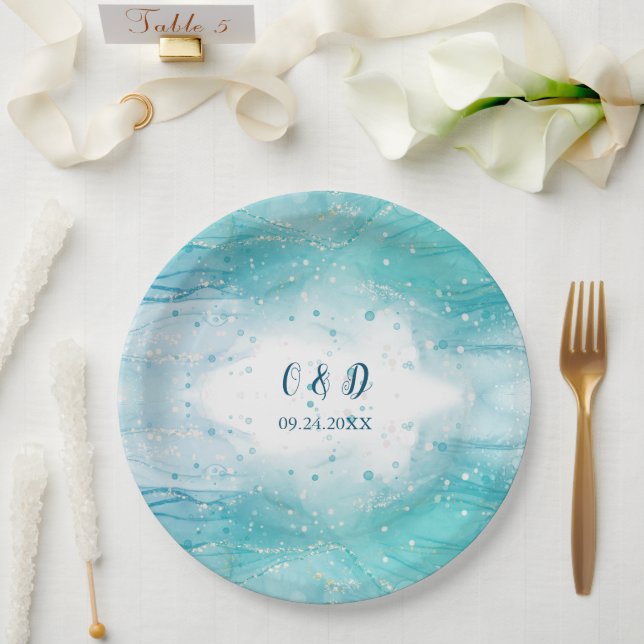 Assiettes En Carton Elégant Mariage Blue Ocean (Mariage)