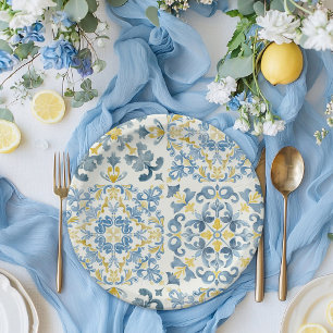 Assiettes En Carton Élégant Mariage citron en carrelage bleu italien