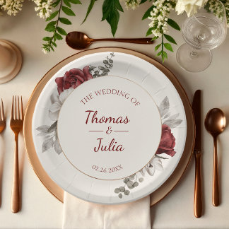 Assiettes En Carton Elégant Mariage d'aquarelle bordeaux et argent