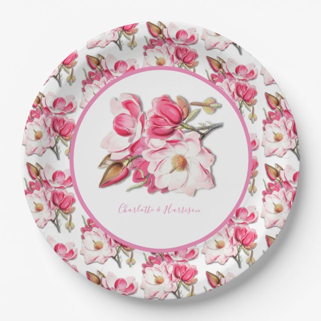 Assiettes En Carton Elégant Mariage d'aquarelle rose florale Magnolia (Devant)