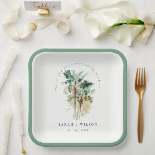 Assiettes En Carton Elégant Mariage d'aquarelle tropicale palmiers