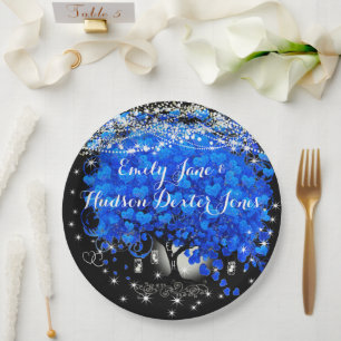 Assiettes En Carton Élégant Mariage de feuille de coeur bleu