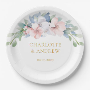 Assiettes En Carton Élégant Mariage de Fleurs Roses Bleues