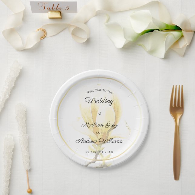 Assiettes En Carton Élégant Mariage de Magnolia Jaune (Mariage)