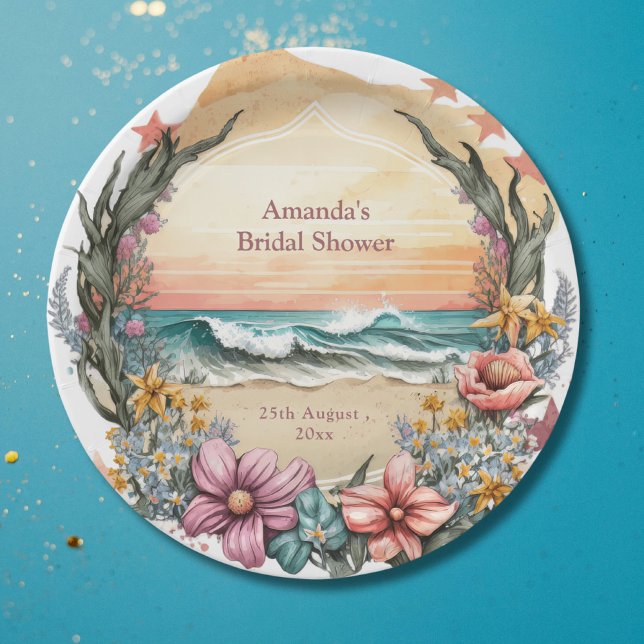 Assiettes En Carton Élégant Mariage de monogramme à fleurs de la plage (Créateur téléchargé)