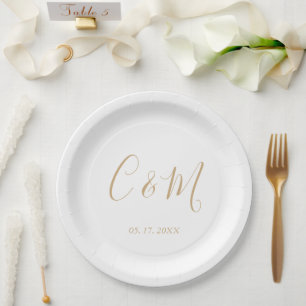 Assiettes En Carton Élégant Mariage de Monogramme Or