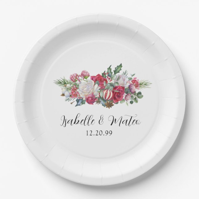 Assiettes En Carton Élégant Mariage de Noël Floral Rose Rouge (Devant)