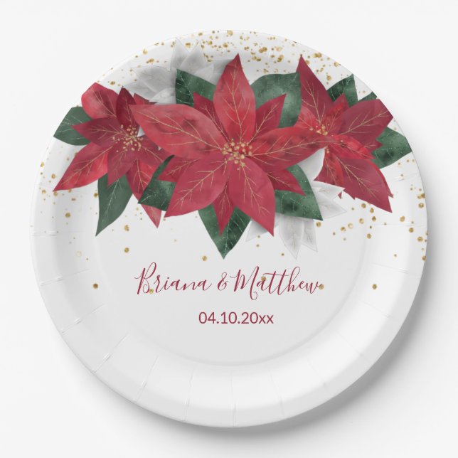 Assiettes En Carton Élégant Mariage de Noël rouge Poinsettia (Devant)