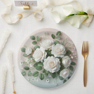 Assiettes En Carton Élégant Mariage de Roses Blanches