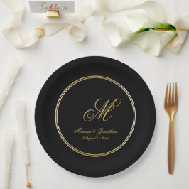 Assiettes En Carton Élégant Mariage de script de monogramme d'or noir