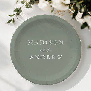 Assiettes En Carton Élégant Mariage de script moderne Sage vert