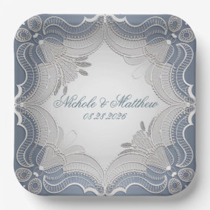 Assiettes En Carton Élégant Mariage En Dentelle Sur Bleu Gradient