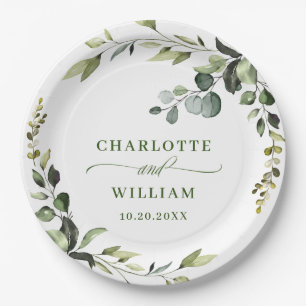 Assiettes En Carton Elégant Mariage Eucalyptus aquarelle
