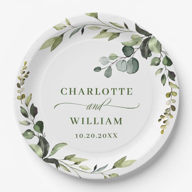 Assiettes En Carton Elégant Mariage Eucalyptus aquarelle (Devant)