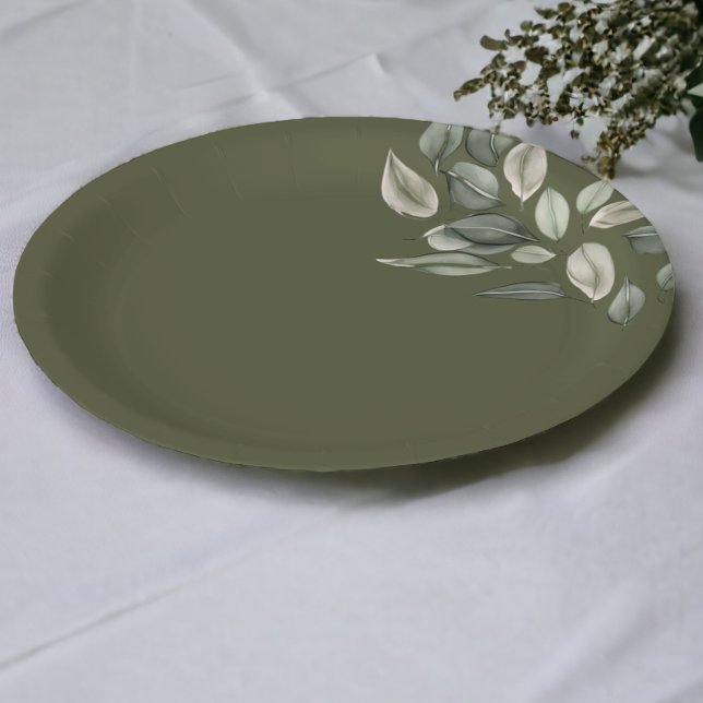Assiettes En Carton Élégant mariage feuillage vert bouché (Elegant Wedding Foliage Muted Green Paper Plates from Ricaso)