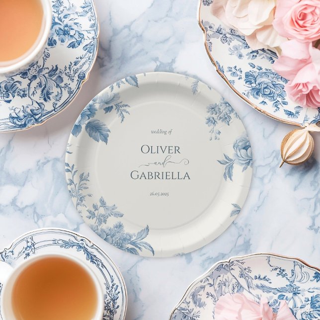 Assiettes En Carton Élégant Mariage Floral bleu toile française (Créateur téléchargé)