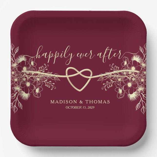 Assiettes En Carton Élégant Mariage floral Bourgogne (Recto)