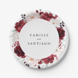 Assiettes En Carton Élégant Mariage floral Bourgogne et rose pâle