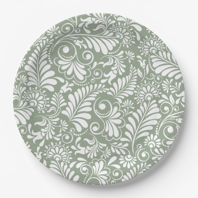 Assiettes En Carton Élégant Mariage Floral Ornate Sage Vert (Devant)