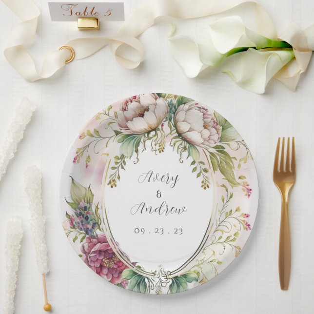 Assiettes En Carton Élégant Mariage floral romantique (Mariage)