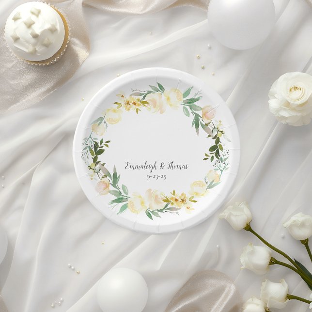 Assiettes En Carton Élégant Mariage floral rose blanche (Créateur téléchargé)