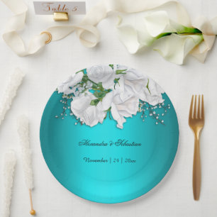Assiettes En Carton Élégant Mariage floral turquoise