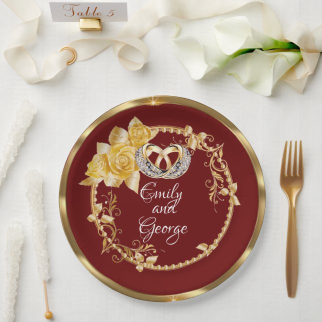 Assiettes En Carton Elégant Mariage Gold Burgundy Personnalisé (Mariage)