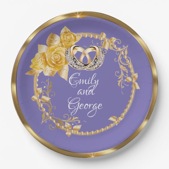 Assiettes En Carton Elégant Mariage Gold Purple Personnalisé (Devant)