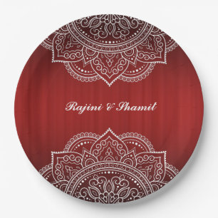 Assiettes En Carton Élégant Mariage indien hindou mandala blanc rouge