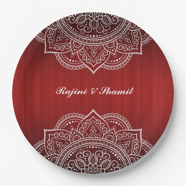 Assiettes En Carton Élégant Mariage indien hindou mandala blanc rouge (Devant)