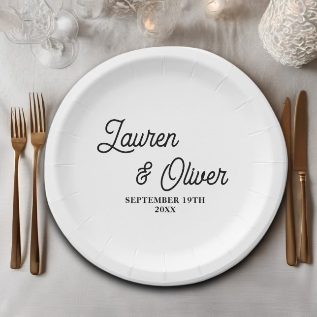 Assiettes En Carton Élégant Mariage minimaliste de script blanc (Créateur téléchargé)