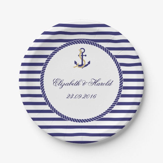Assiettes En Carton Élégant Mariage nautique (Devant)