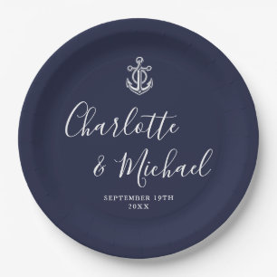 Assiettes En Carton Élégant mariage naval bleu marine ancre