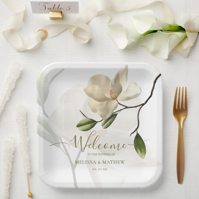 Assiettes En Carton Élégant Mariage oriental blanc Magnolia (Mariage)